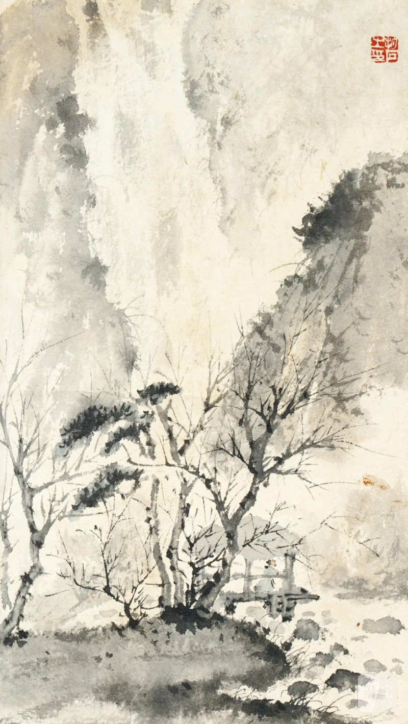    傅抱石 山水 傅二石題簽條